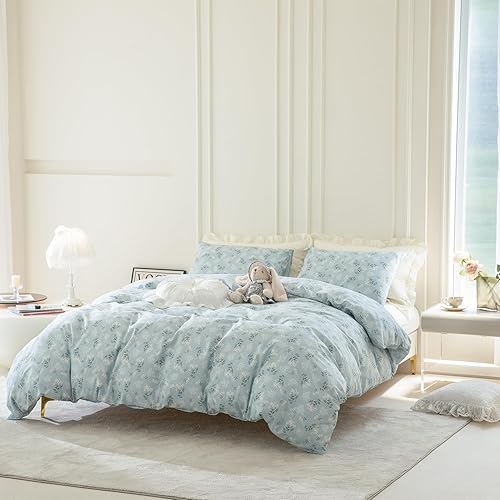 Miniatura 4 de Funda de edredón, 100 % algodón, juego de 3 piezas de ropa de cama con diseño floral en color azul, estampado estilo jardín florido elegante, con