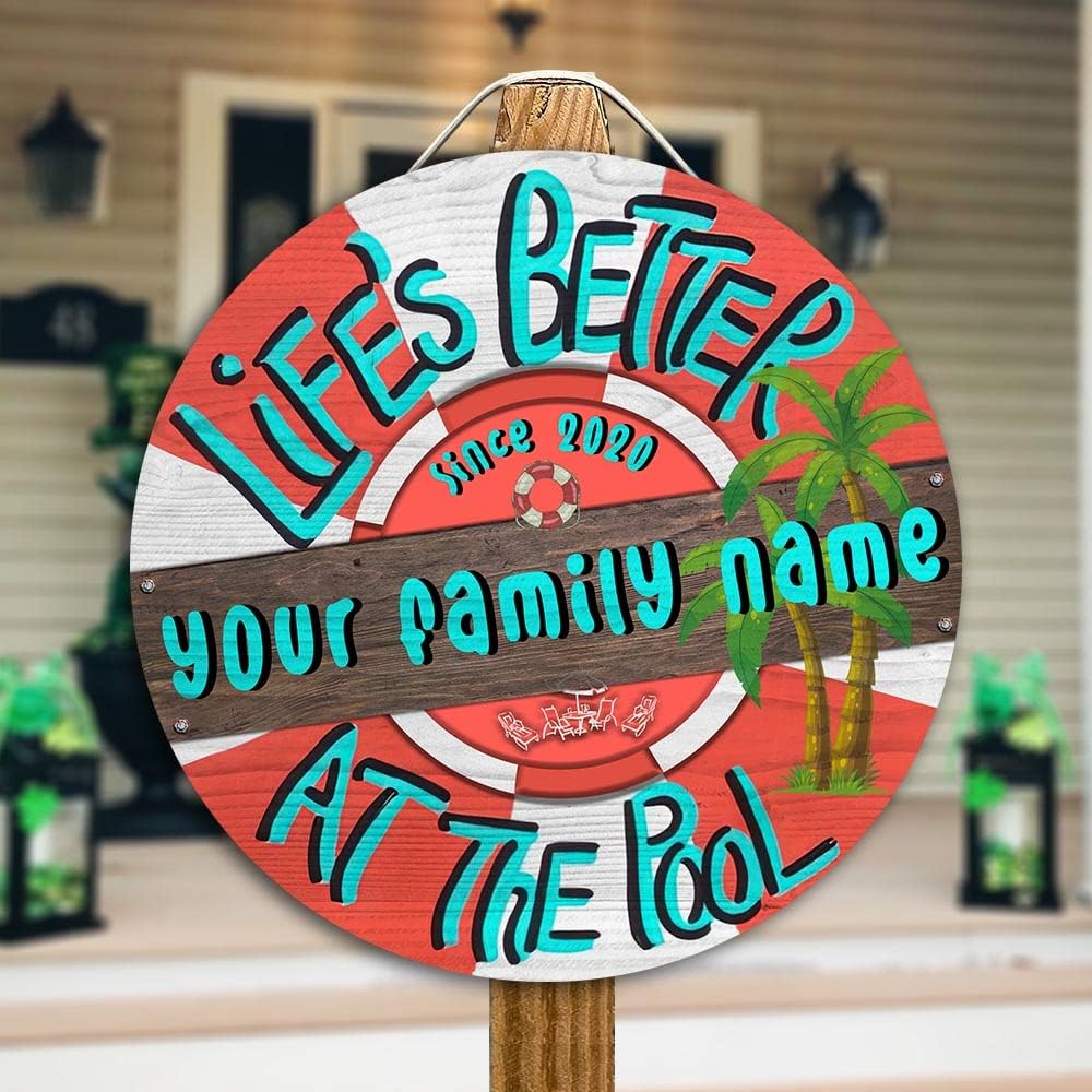 V VIBEPY All Over Printed Personalized Life's Better At The Pool Wood Sign, Pool Sign, Tiki Sign, Door Sign 8 Inches, 12 Inches, 18 Inches Round Wood Sign, Poolside Decor, Pool Decor, Pool Accessories