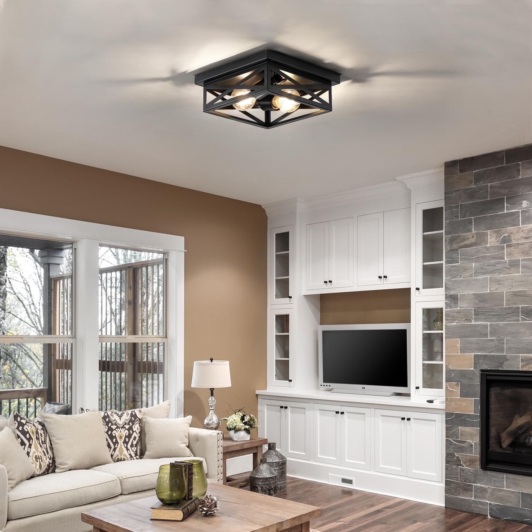 DIKAIDA Black Rustic Metal Flush Mount Ceiling Light Fixture, 2-Light Industrial Farmhouse Hallway Light Fixtures, Metal Cage Closed to Ceiling Mounted Lights for Bedroom Kitchen Ceiling Lights