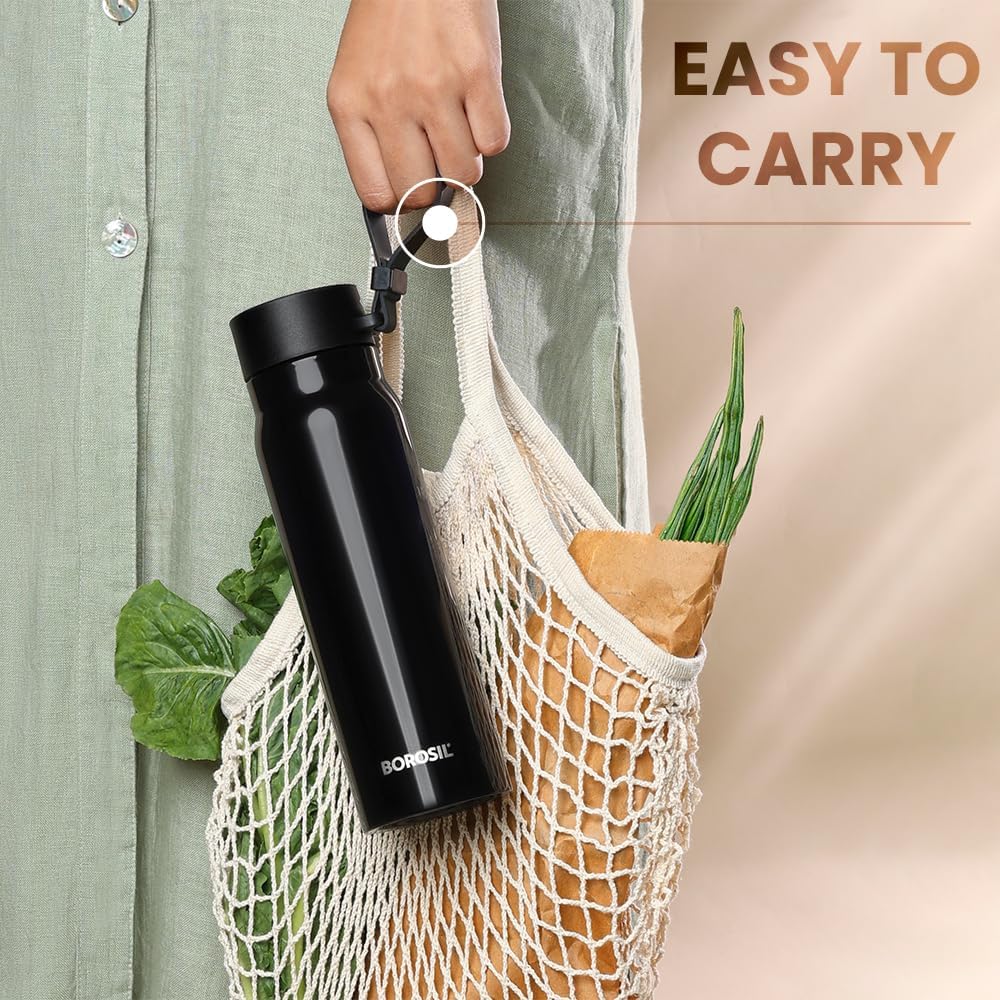 Borosil Hydra Bliss 500 ml Stainless Steel Water Bottle | 13 Hours Hot & 12 Hours Cold Flask | Double Wall Vacuum Insulated, Leakproof, Wide Mouth with Strap | 1 Year Warranty, Black