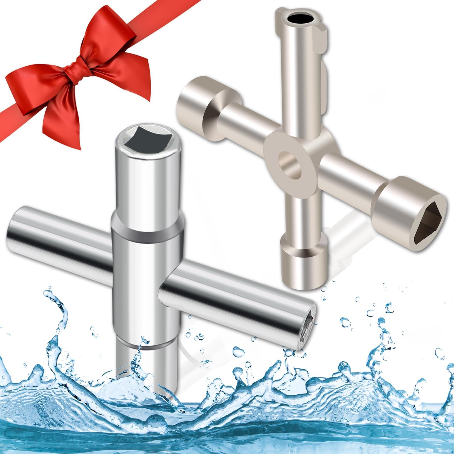 2PCS Water Wrench Set, 4 Way Wrench, Sillcock Key, Faucet Key for Spigots, Valve and Cabinet Cupboard