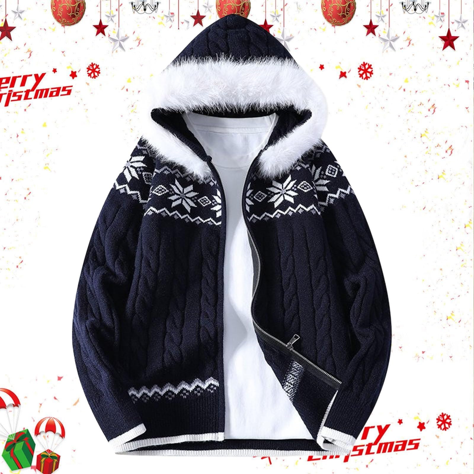 Generisch Fleecejacke Herren Winter Herbst Gestrickter Kapuzenpullover Mantel Langarm Lässiger Pullover Oberbekleidung Weiche Bequeme Lockere Passform Warme Für Den Täglichen
