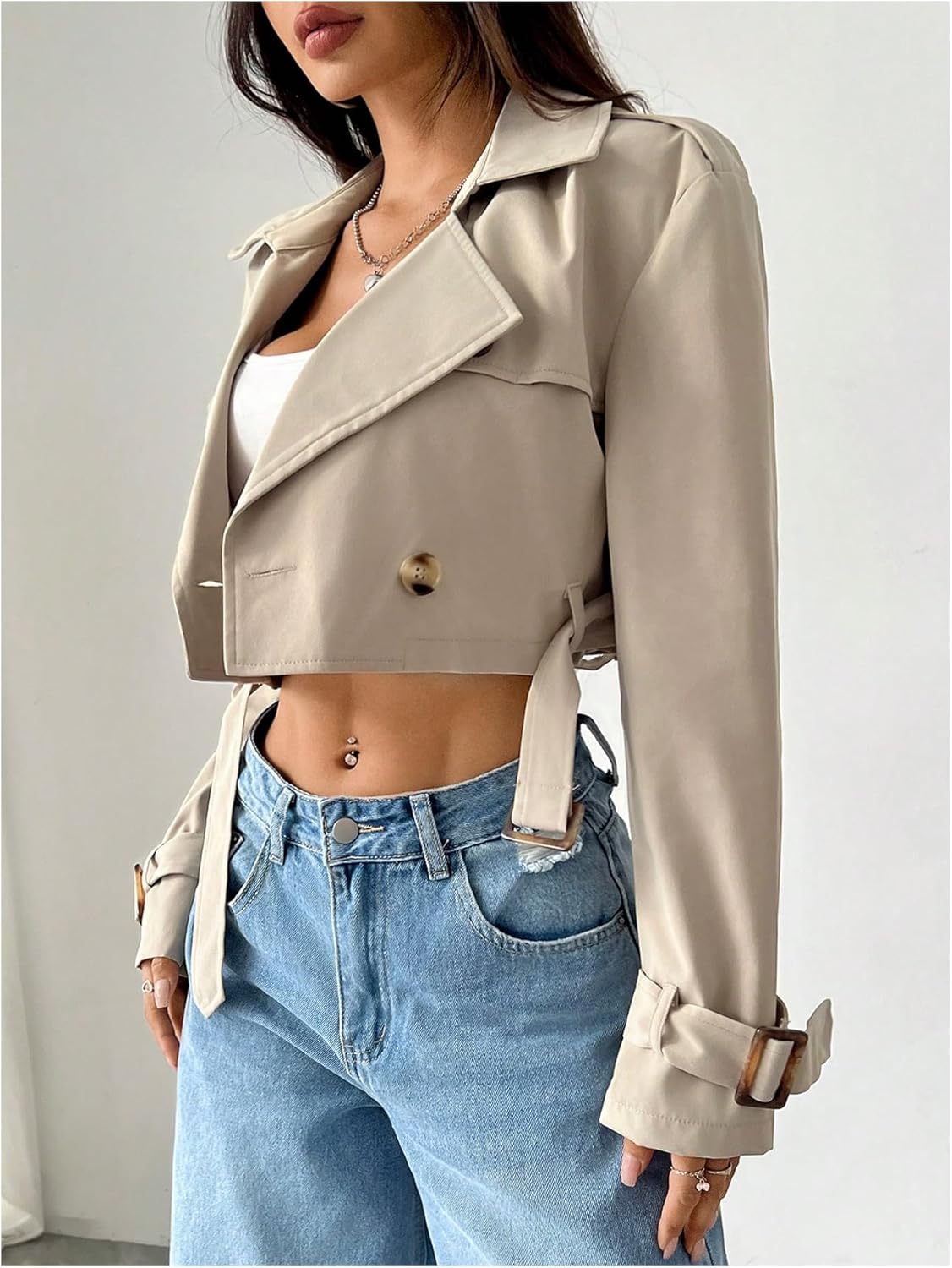 GORGLITTER Women's Cropped Short Trench Coat Jacket Fall Trendy Long Sleeve Double Breasted Casual Fall Work Outerwear 2025 - Image 2