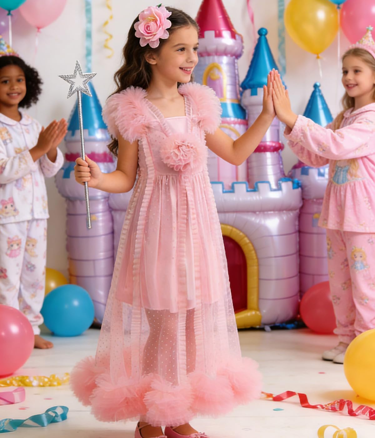 Pink Witch Costume for Girls Pink 2 Piece Pajamas Set Dress, Bouffant Mesh Outfits with Accessories