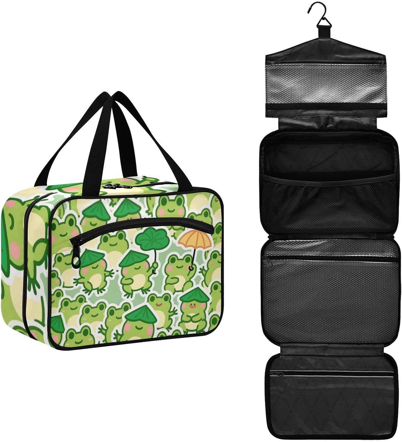 Cartoon Cute Frog Green Hanging Travel Hanging Toiletry Bag with Hook Designer Foldable Toiletry Bag for Women Camping bolso Viajero para Mujer, Cartoon Cute Frog Green, L, casual image 2
