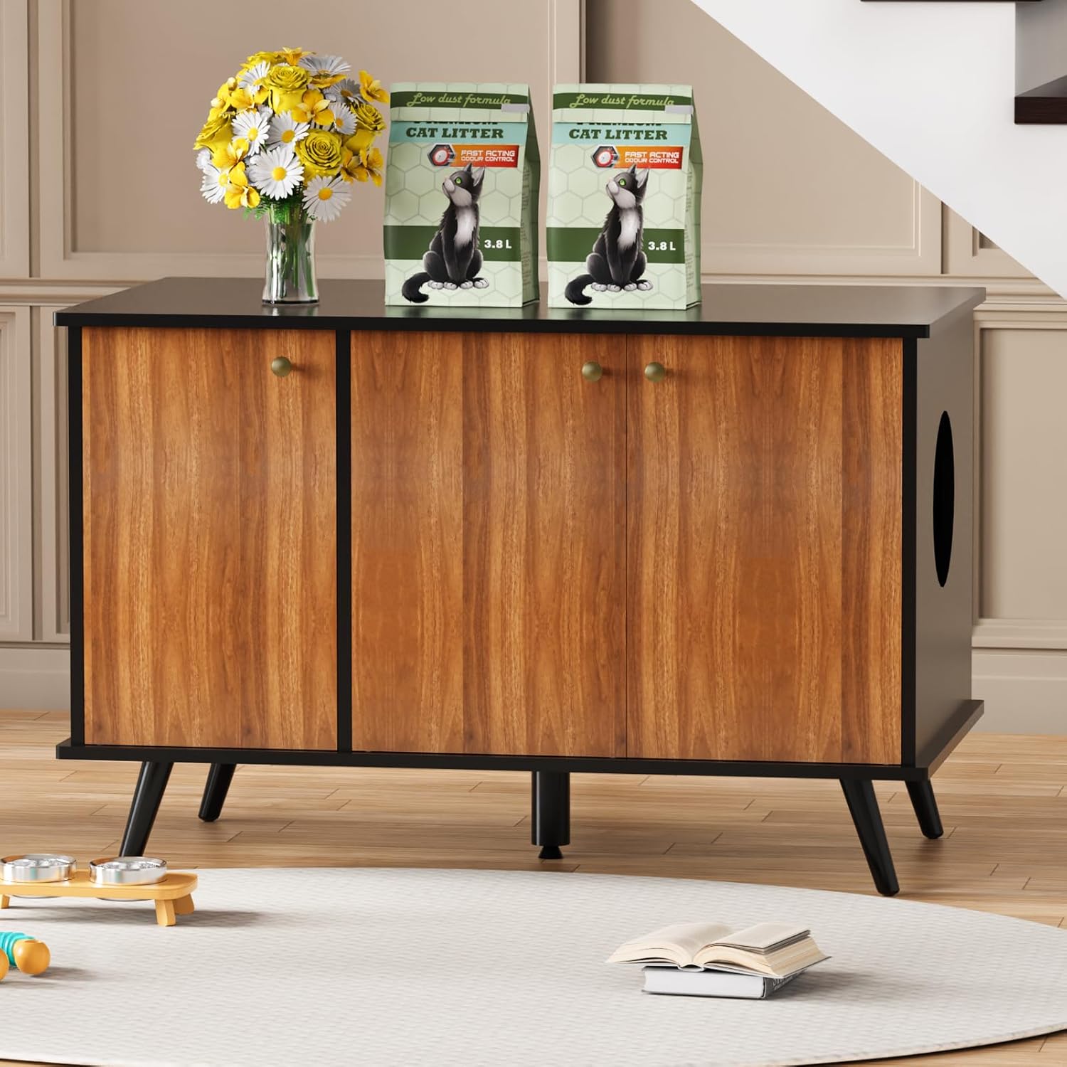 Cat Litter Box Enclosure, Hidden Litter Box Furniture with Built-in Power Outlet, Indoor Cat House, Cat Washroom Furniture, End Side Table for Hallway & Bedroom