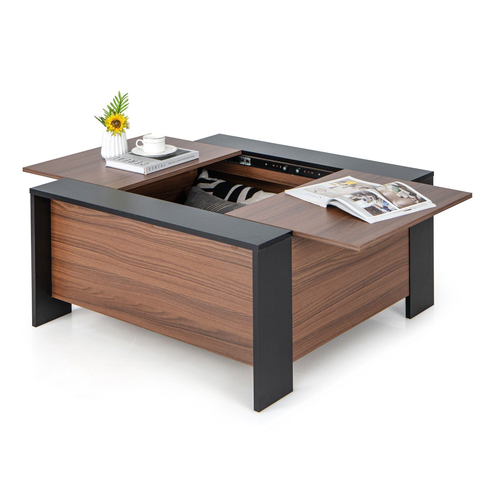 CASART Square Coffee Table, Wooden Snack Tea Table with Sliding Top & Large Hidden Storage, Accent Cocktail Table Center Table for Living Room Bedroom Office (Black+Walnut)