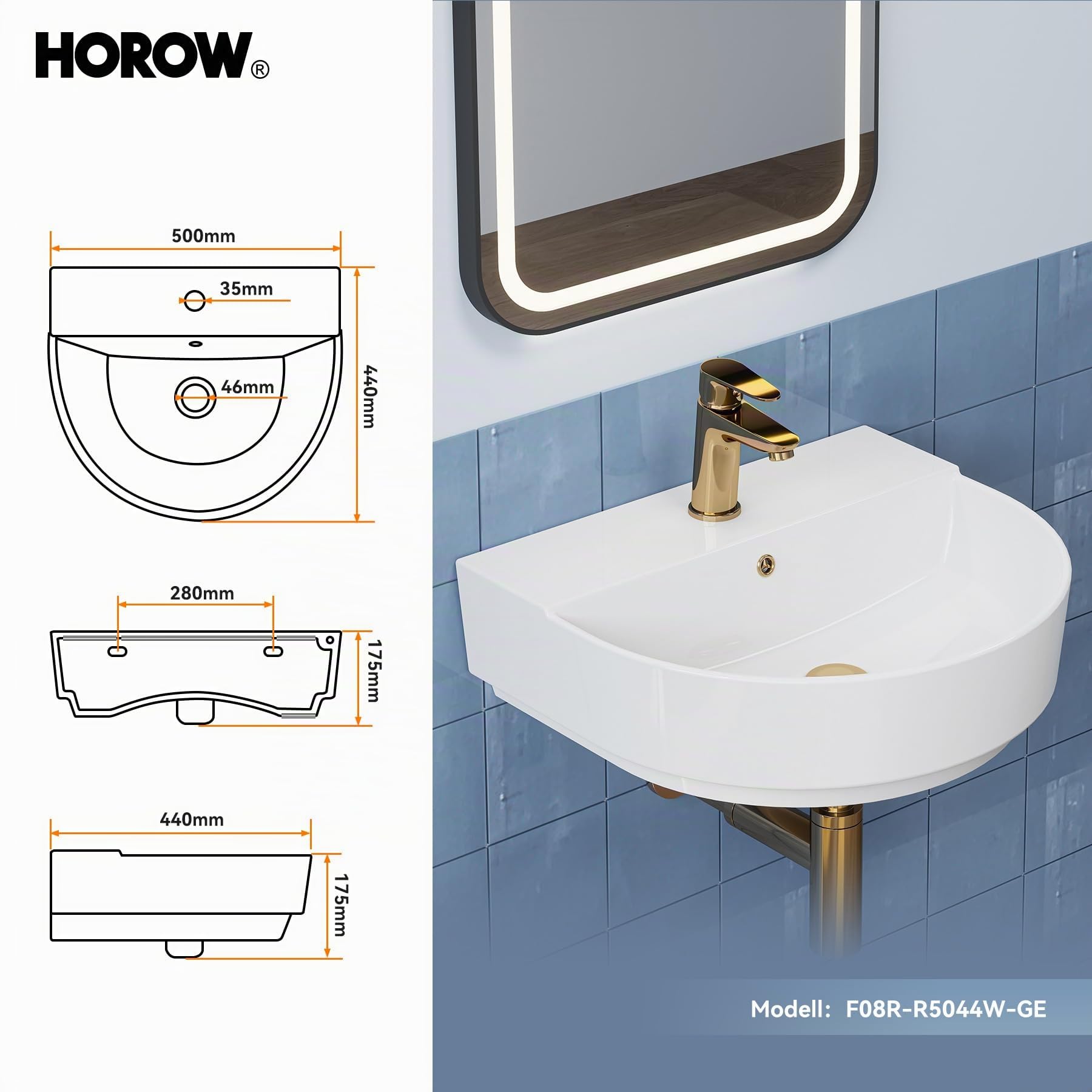 HOROW Lavabo ovale in ceramica bianca - piccolo 50 cm per bagno degli ospiti e piccolo bagno | installazione versatile - appeso a parete o piano di lavoro | con ripiano e foro per rubinetto