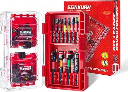 Geinxurn 52Pcs S2 Magnetic Impact Bit Set,1"/2" Phillips Square Torx Slotted Hex Bits, Includes Accessories & Red Storage Box