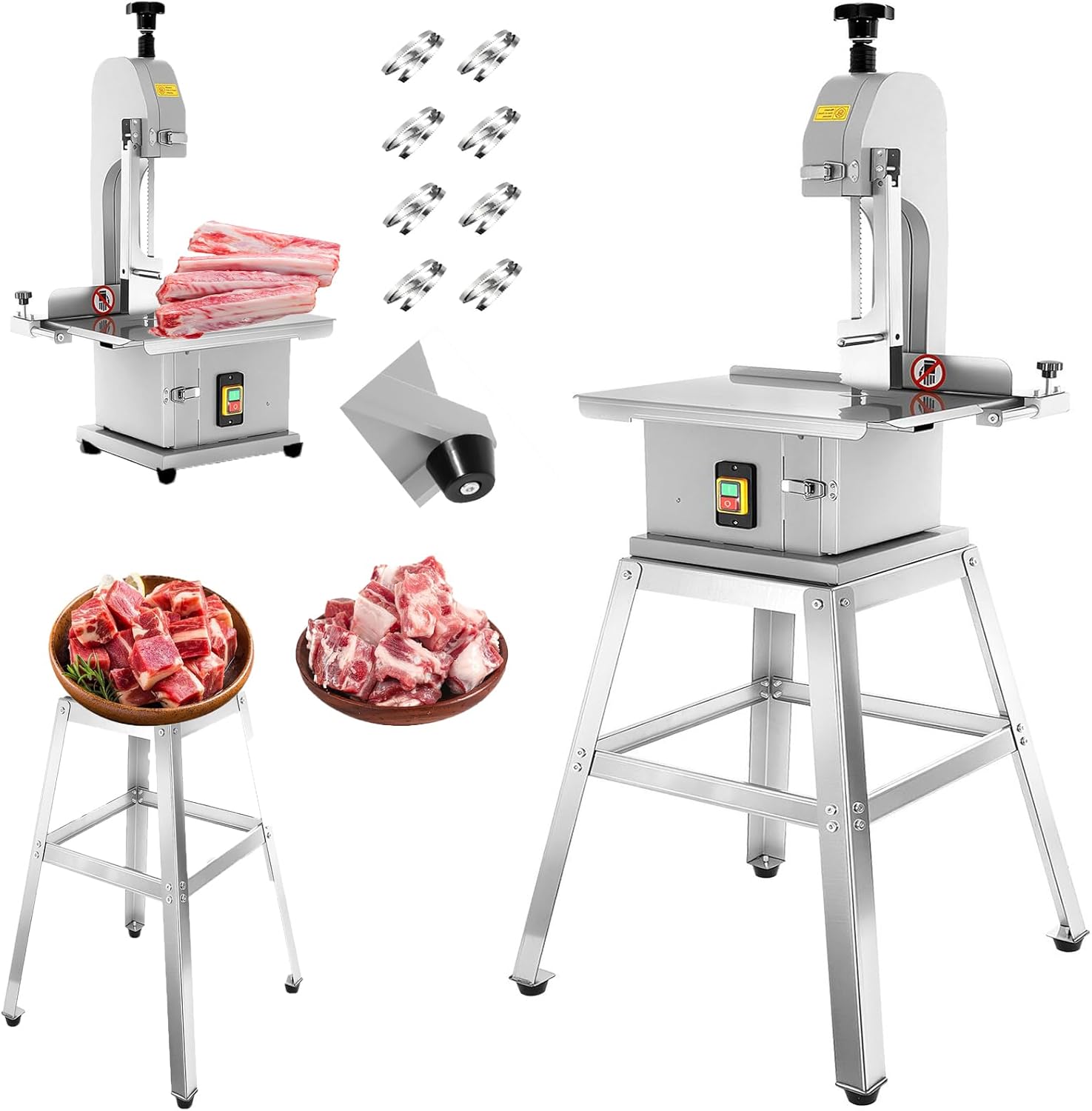 Vohala Electric Meat Bandsaw with Portable Stand, 2500W Stainless Meat Cutter, Bandsaws with 8 Blades, Commercial Meat Slicer with 0.04-9.8'' Cutting Thickness for Beef, Ribs, Meat Processing