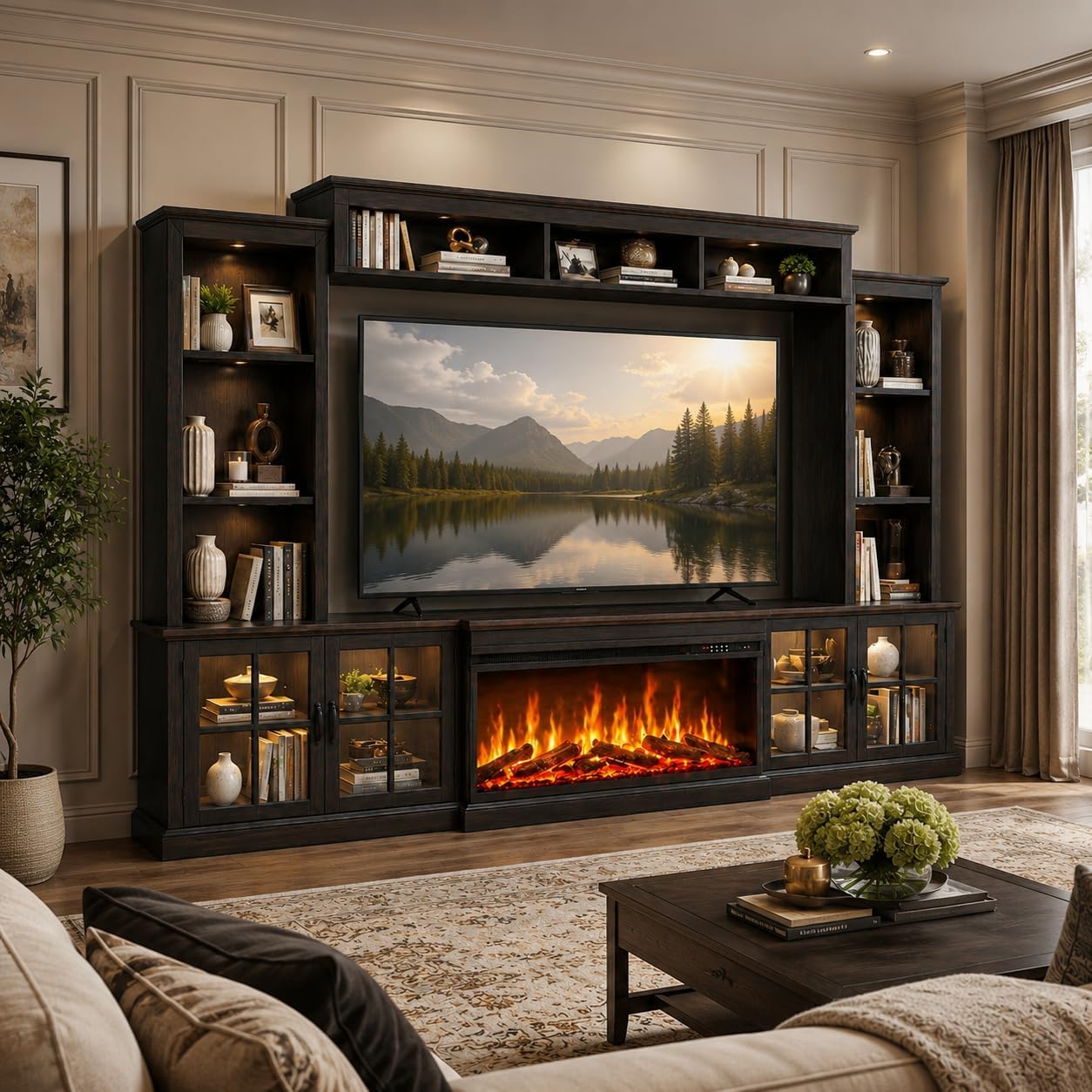 Black Farmhouse TV Stand with Fireplace, Entertainment Center, 98" Wall Unit Media Console with Bookshelf, Cabinet & Power Outlets & Barn Doors, Fits TVs Up to 75” for Living Room