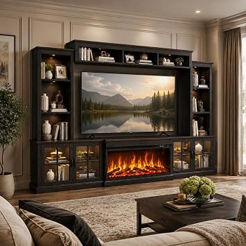 Black Farmhouse TV Stand with Fireplace, Entertainment Center, 98" Wall Unit Media Console with Bookshelf, Cabinet & Power Outlets & Barn Doors, Fits TVs Up to 75 for Living Room