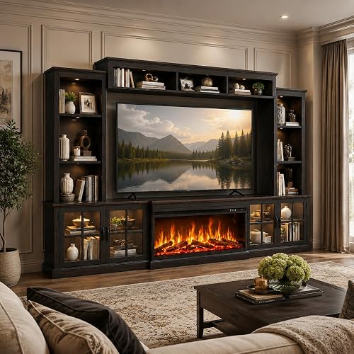Black Farmhouse TV Stand with Fireplace, Entertainment Center, 98" Wall Unit Media Console with Bookshelf, Cabinet & Power Outlets & Barn Doors, Fits TVs Up to 75” for Living Room
