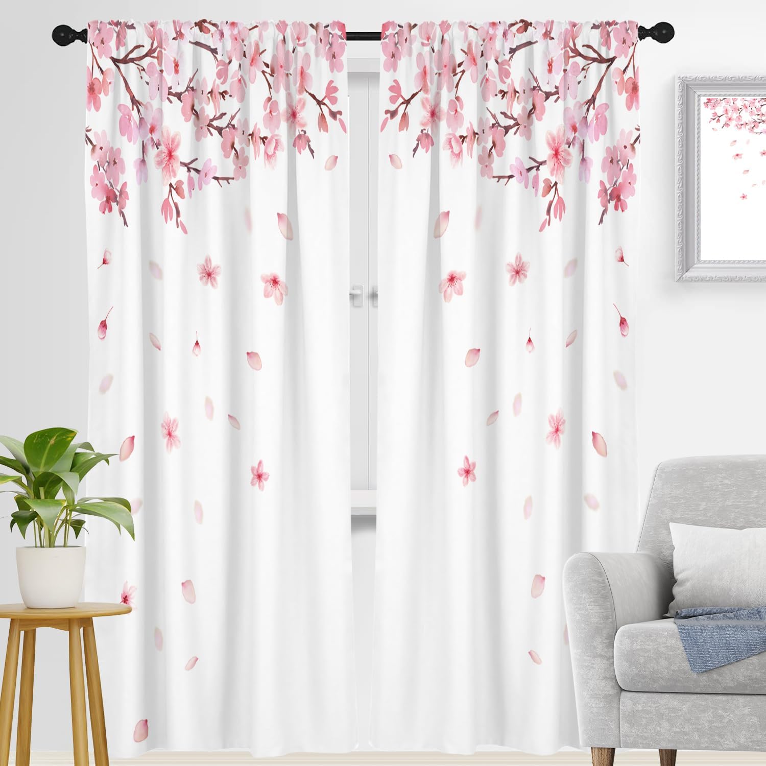 zokyer Pink Floral Window Curtain Wide White Floral Flower Cherry Blossom Japanese Sakura Branches Garden Art Botanical Girls 52" W x 63" L for Bedroom Living Room 2 Panels Rod Pocket Drapes