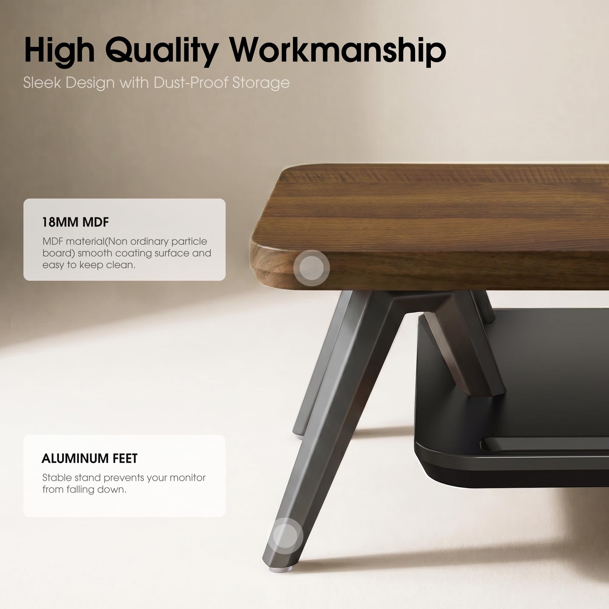 Fenge Monitorständer, für Laptop PC TV, Monitor Stand, Braun, 108cm | 2 Geräte, Bis 45kg, Ablagefach für Telefon/Tablet/Stift, Kabel-Mgmt. Alufüße, Bildschirm Computer Schreibtisch Büro Home