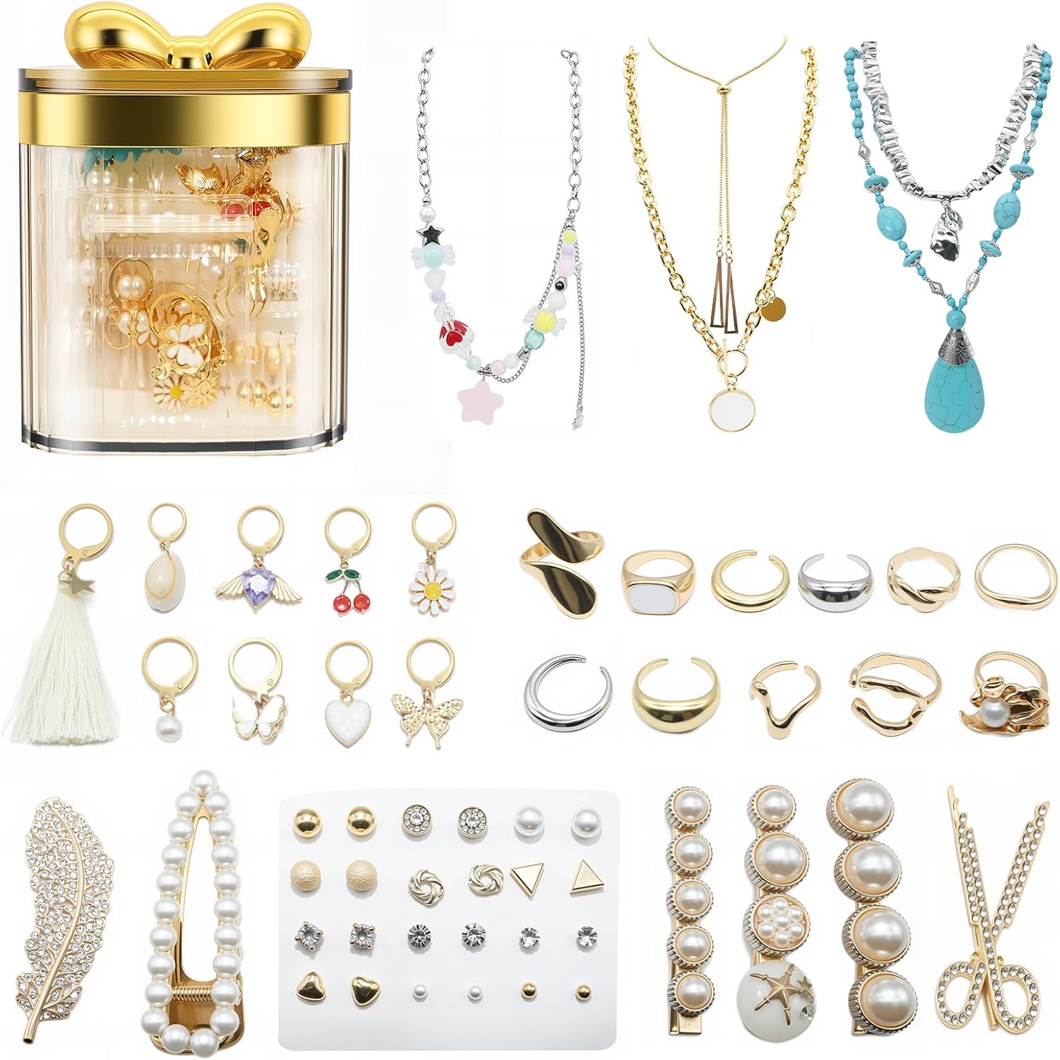 65 Pcs Mystery Jewelry Jar for Women, Multi-Style Gift Set with Earrings, Rings, Bracelets, Necklaces & Hair Clips – Unique Birthday Gift for Women Who Have Everything