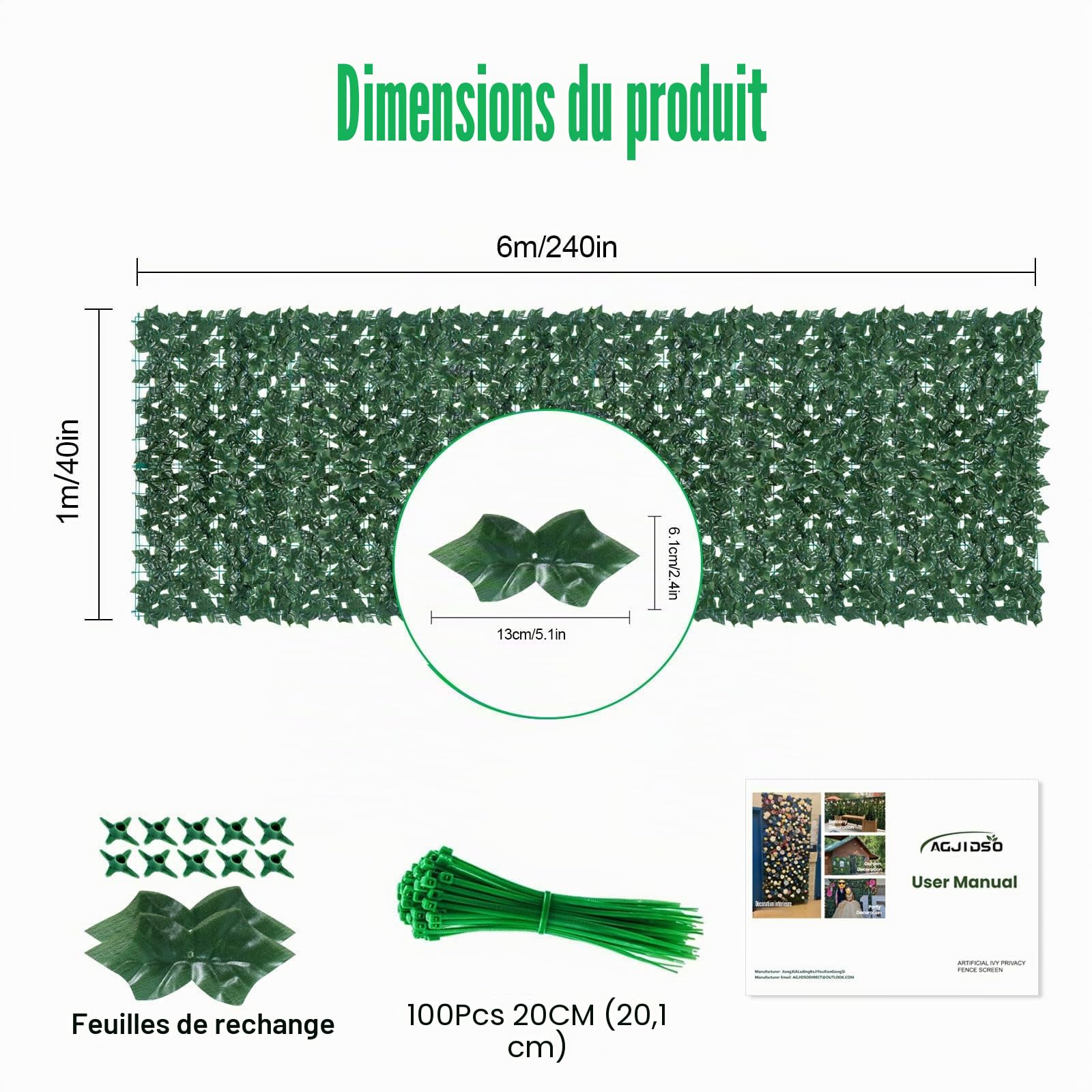Haie Artificielle 1x6M, Mur Vegetal Artificiel Exterieur, Brise Vue Jardin Décoration, Clôture de Feuilles Artificielles, 100 Pcs Serre Cable Plastique