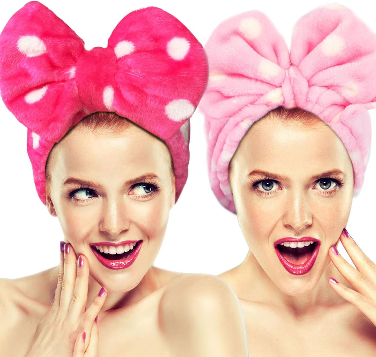 2 Pack Hairizone Cute Stretchy Bow Knot Wash Face Headbands, Lovely Towel hair band for Make-up, Shower, Spa, Massage and Sporting (Pink/Roseo)