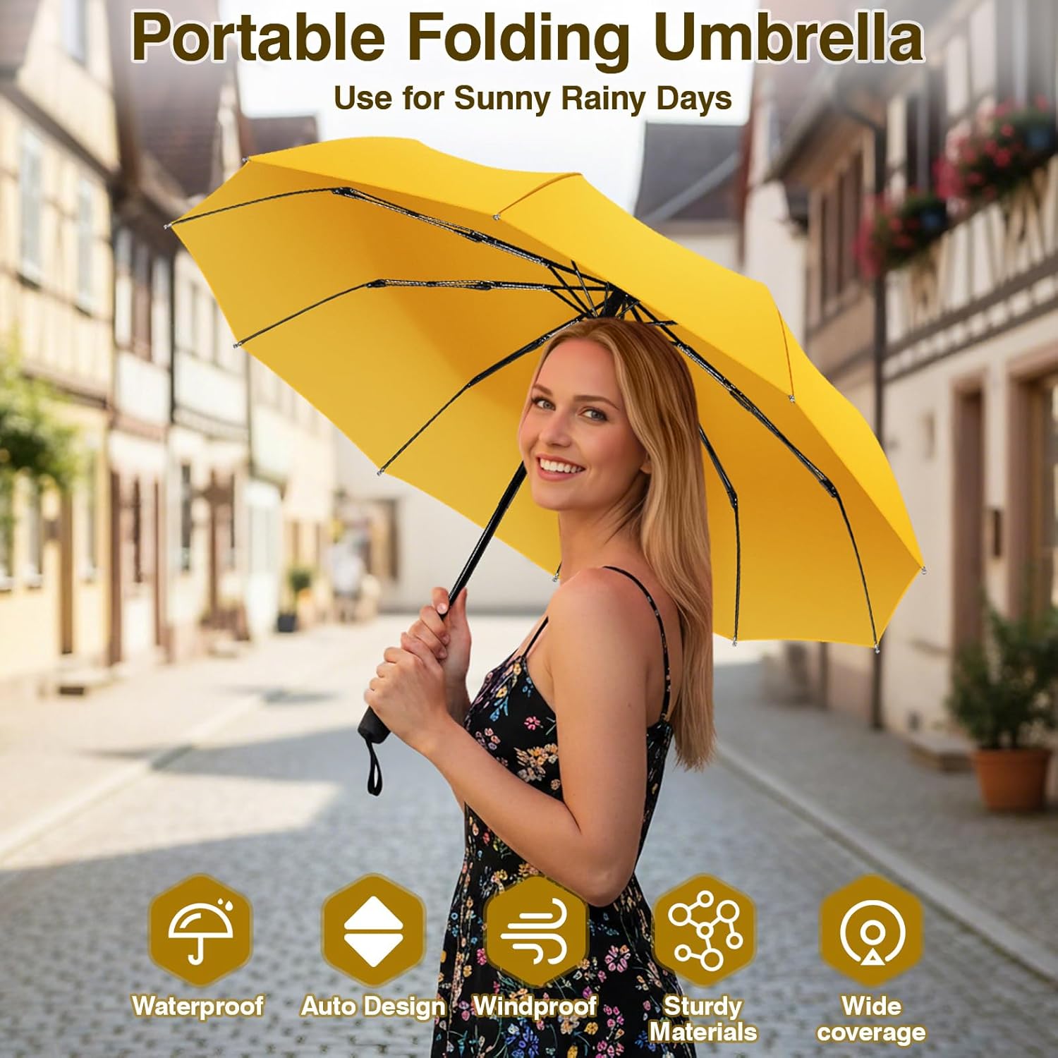 ZOMAKE Folding Umbrella for Rain, Automatic Compact Umbrella Waterproof Windproof, Portable Parapluie 45 Inch Solide 10 Ribs(Yellow) - Image 4