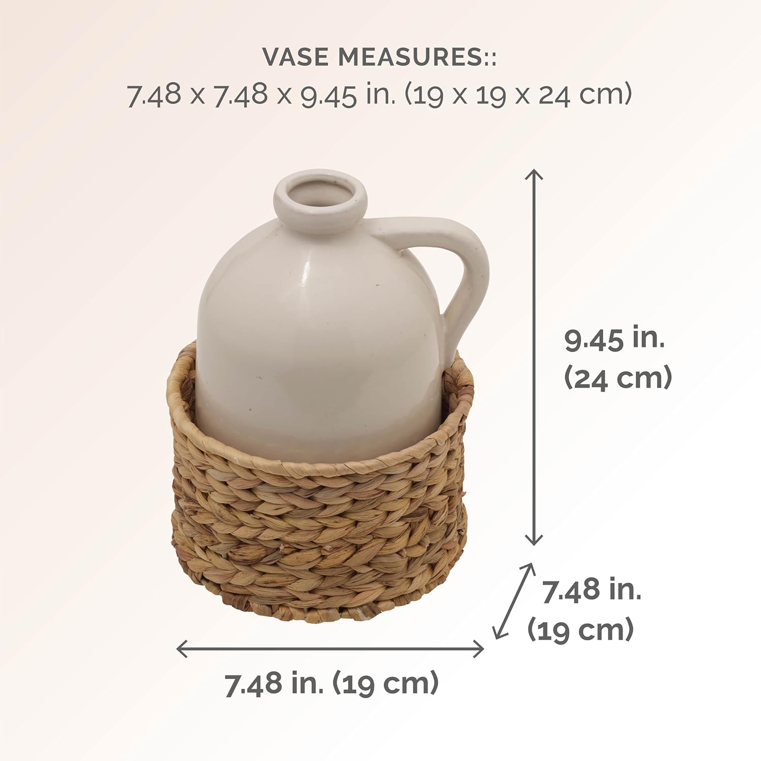 Elements Ceramic Jug Vase with Seagrass Basket Base, 7.5x9.5 Inch, Cream