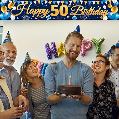 Vista 23 de Cartel grande de feliz cumpleaños 60, telón de fondo azul dorado 60 cumpleaños, suministros de decoración de fiesta de 60 años para hombres, patio