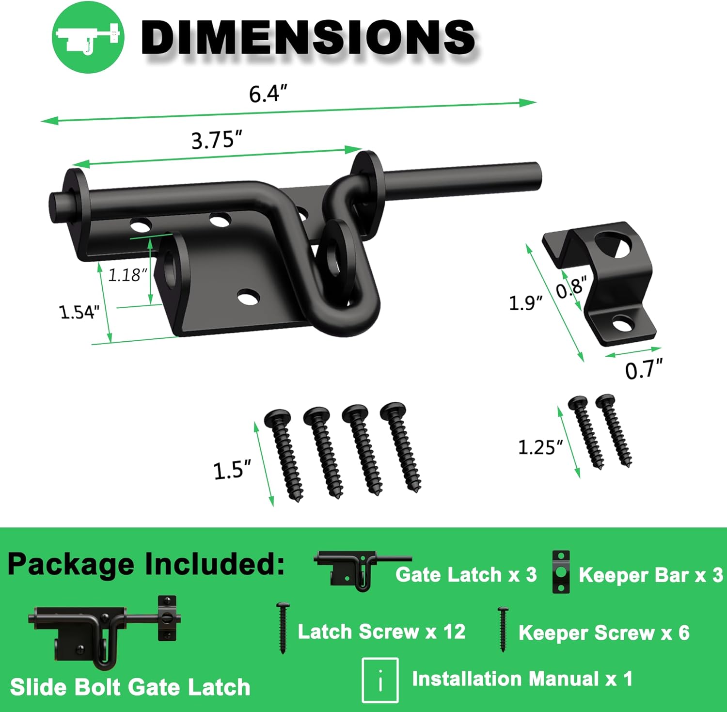Heavy Duty Slide Bolt Gate Latch for Wooden Fence, 2 Way Barn Door Latch with Padlock Hole, Offset and Flush Mounted Gate Latch for Outdoor Gates/Yard Fence/Shed Door, Black, 3 Pack