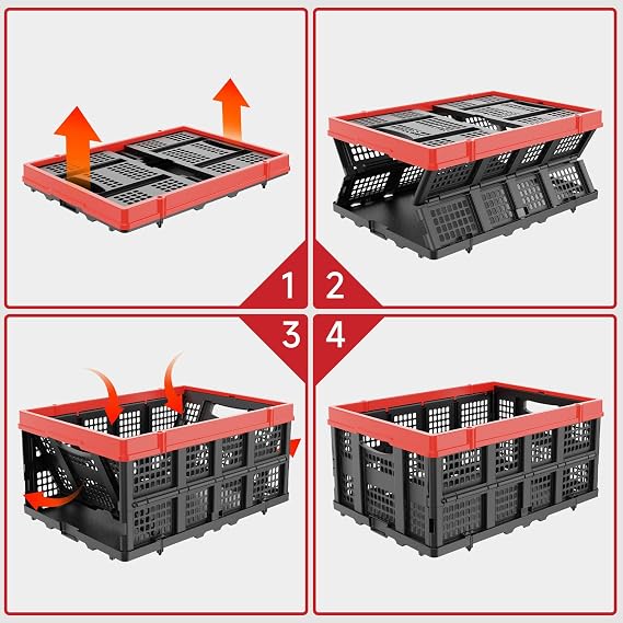 TOLRET 49L Collapsible Crate, Milk Crate for Storage, Foldable Storage Crate, Stackable Crate for Organizing for Home, Shopping, Camping, School, Office, Warehouse, Red