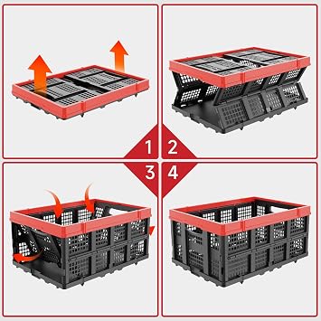 TOLRET 49L Collapsible Crate, Milk Crate for Storage, Foldable Storage Crate, Stackable Crate for Organizing for Home, Shopping, Camping, School, Office, Warehouse, Red