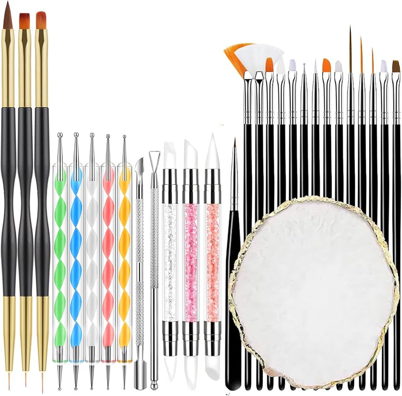 29PCS Pinceles para decoración de uñas Kit de paleta de resina para punteado de uñas | Pinceles para delineador de esmalte de uñas en Gel, bolígrafo de diseño para dibujo de uñas y pintura de uñas, pinceles para detalles pequeños