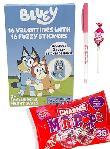 Bluey - 16 tarjetas de San Valentín con dijes, piruletas, minipops, calcomanías peludas, 48 sellos de calcomanías de corazón y (1) paquete de
