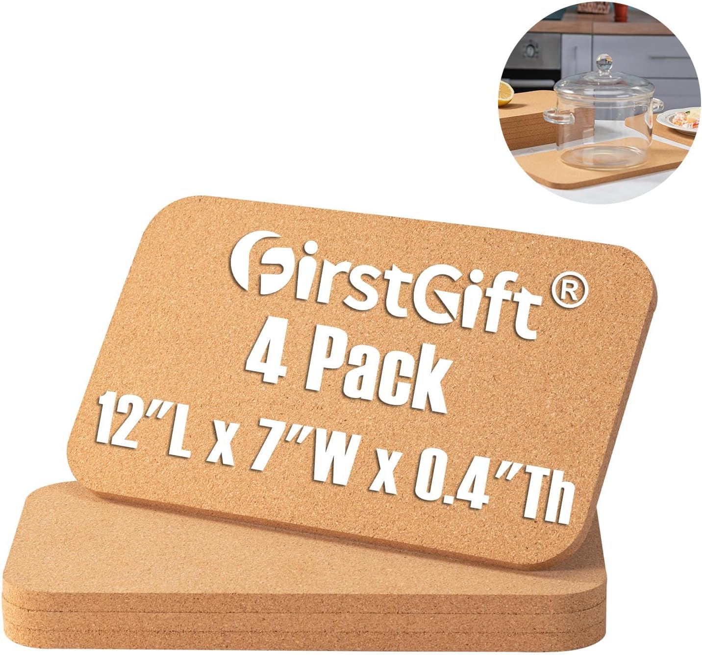 Rectangle Cork Trivets Set - 8 Pack, 12" x 7" x 0.4" Thick, Heat-Resistant Cork Hot Pads for Countertop, Table, and Kitchen, Perfect for Hot Pots and Pans
