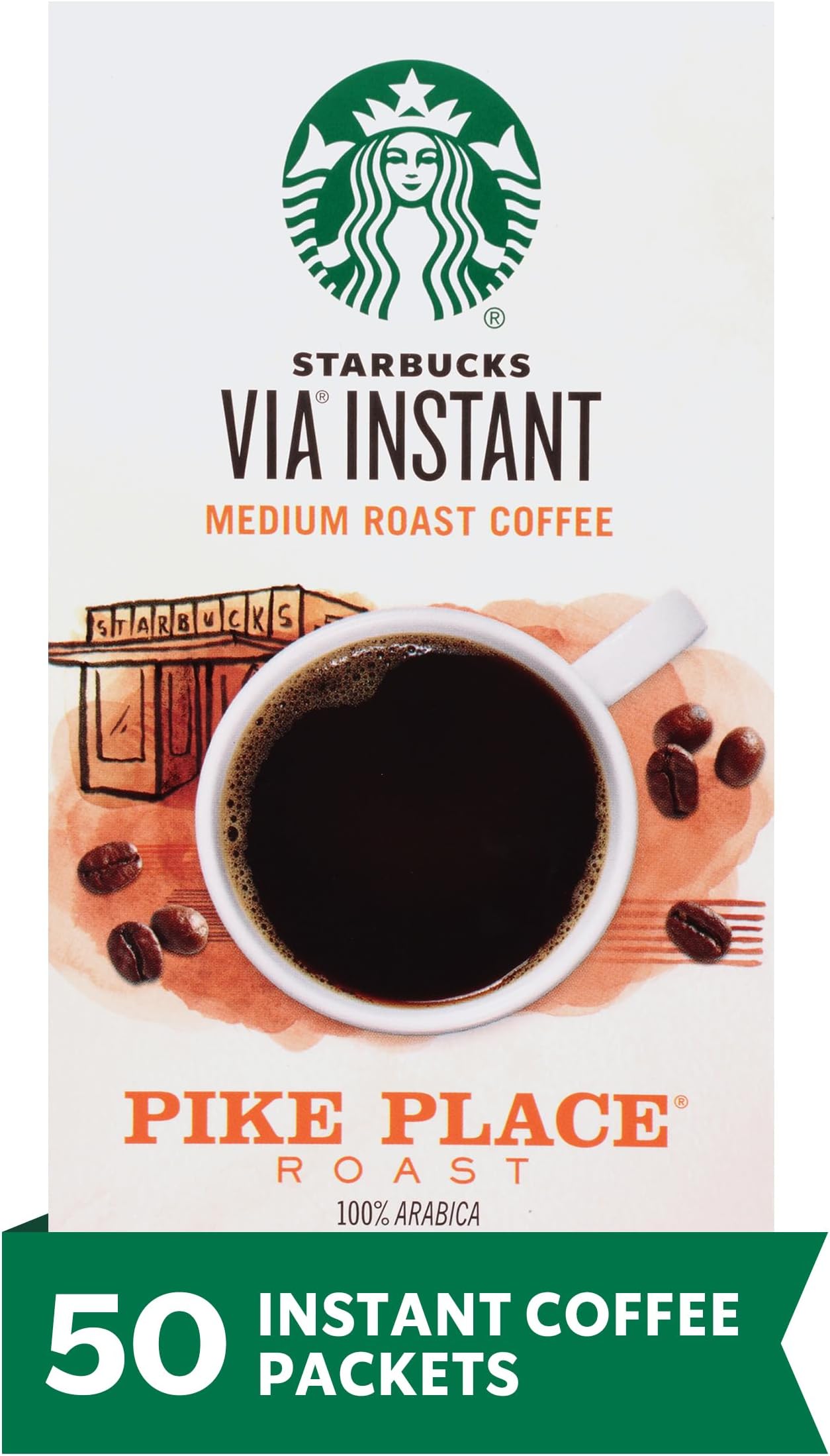 VIA Instant *New! Pike Place Roast Medium Roast Coffee, 3.1 g (Pack of 50) 1750 g