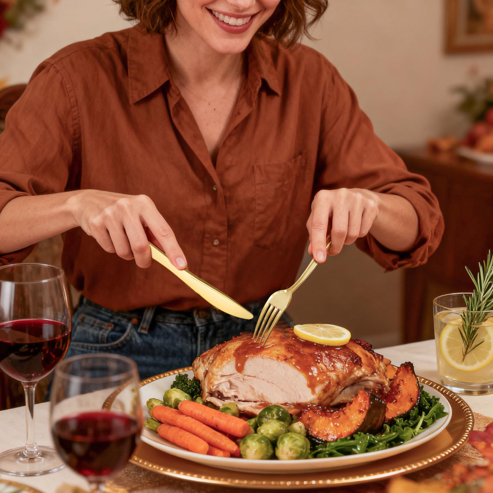 WDF300 Pieces Gold Plastic Silverware - Heavy Duty Disposable Gold Cutlery Set Plastic Gold Silverware Set Plastic Includes 100 Forks, 100 Spoons, 100 Knives for Party