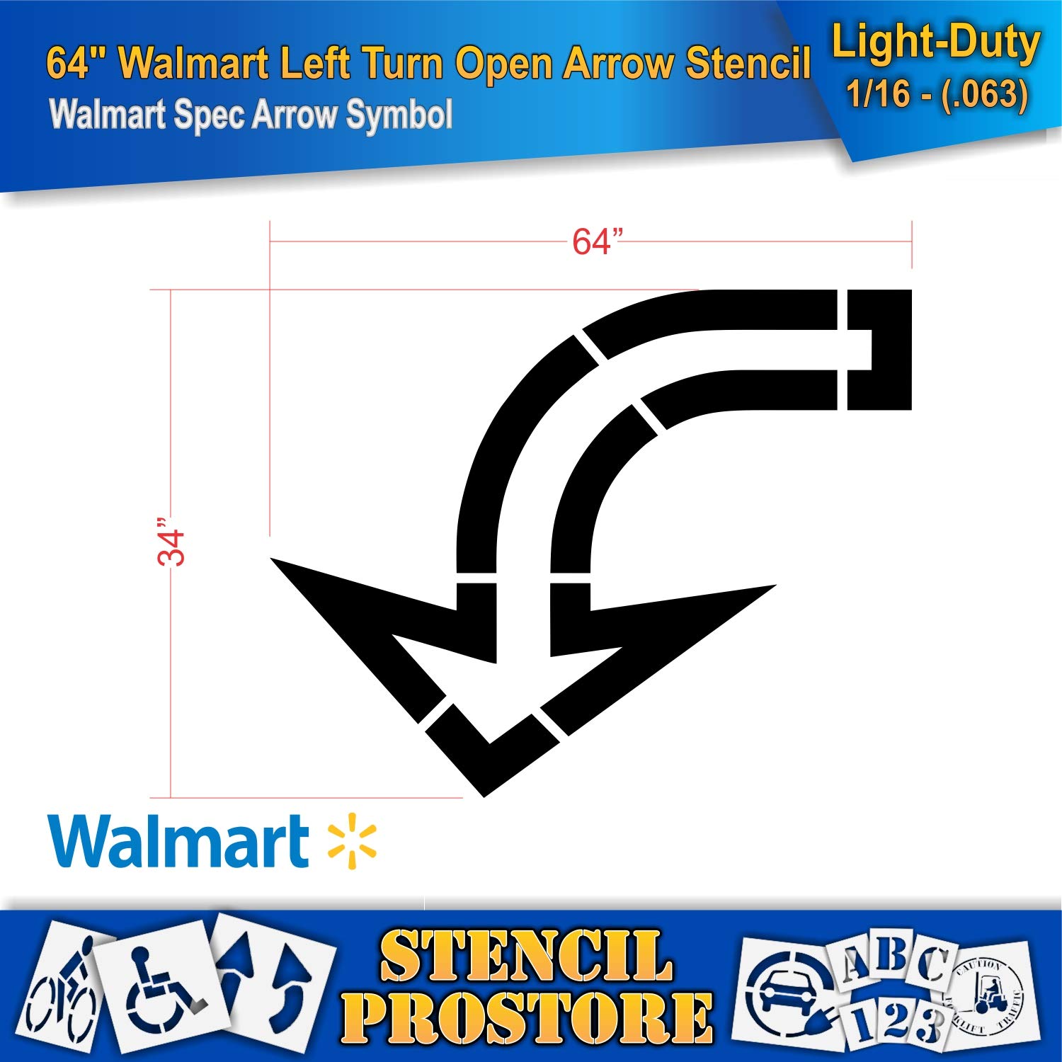 Retail Stencils - Walmart - 64 in Left Turn Open Arrow Stencil - 66'' x 36'' x 1/16" (63 mil) - Light-Duty