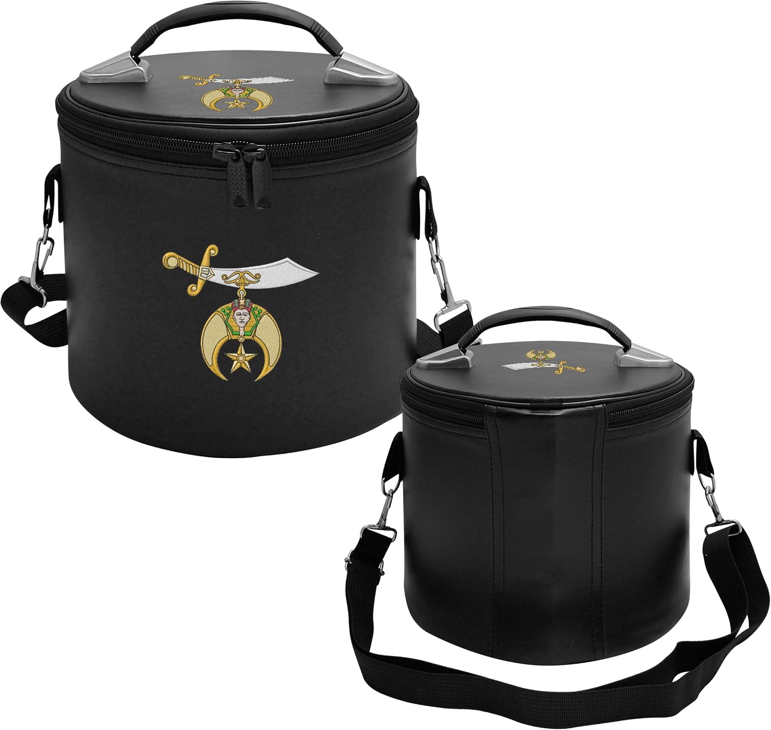 Masonic Shriner Black Fez Case – Imitation Leather Hat Carrier with Dual Embroidered Logos (Top & Body)-Adjustable Shoulder Strap - Regalia Storage for Freemasons