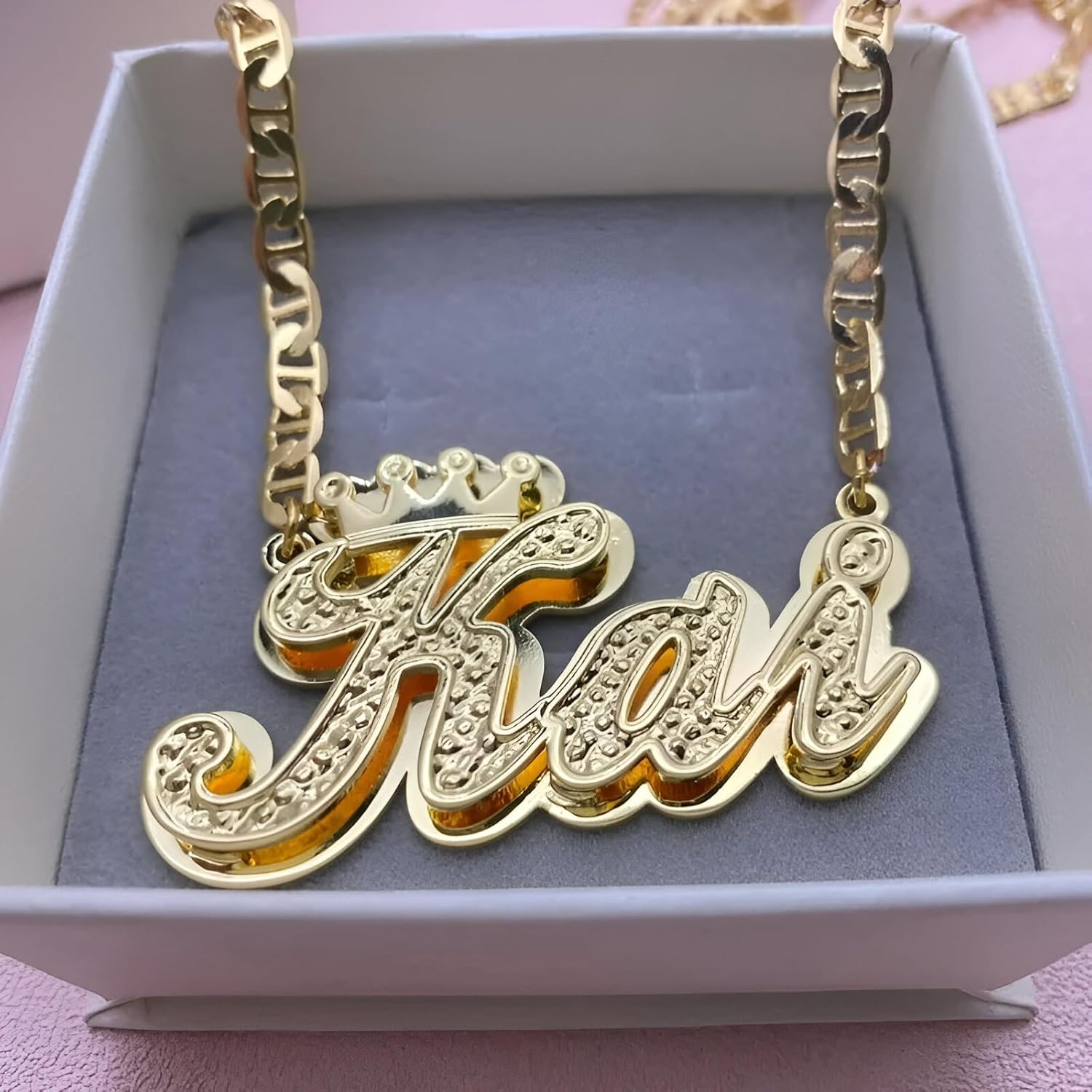 Customized 14K Gold Filled Name Plate Necklaces For Women And Men - Custom Name Necklace Personalized Custom 3d Double Layer Flat Chain