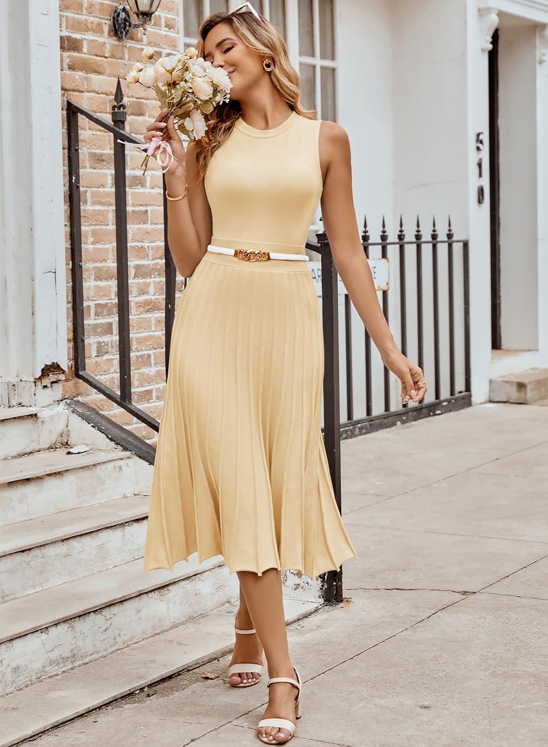 Pink Queen Women's Crew Neck Sleeveless High Waisted Bodycon Pleated Ribbed Swing Knit Midi Dresses - Image 4