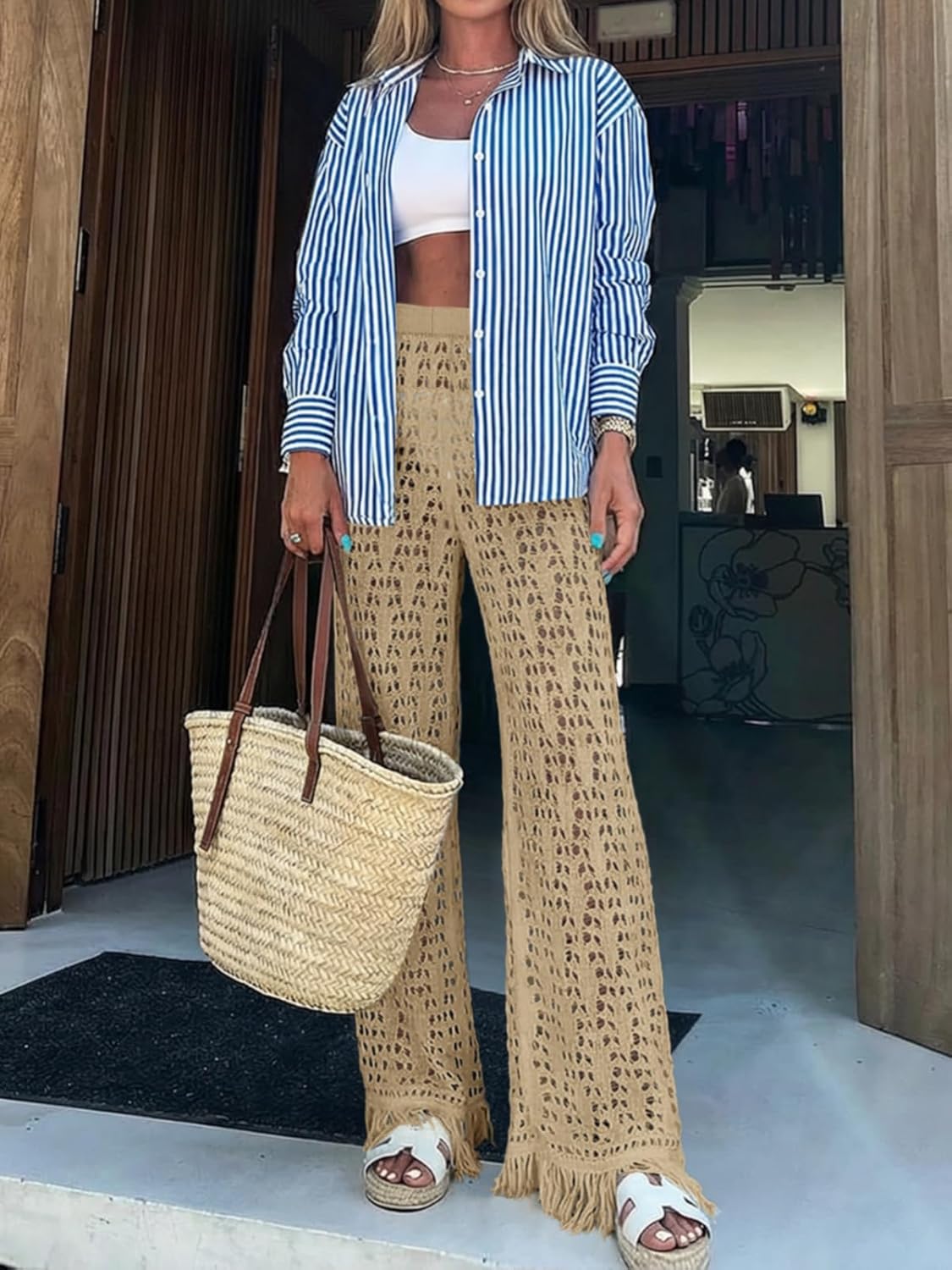 Fisoew Womens Crochet Cover Up Pants Casual Wide Leg High Waisted Hollow Out Tassel Summer Beach Mesh Bathing Suit Pants - Image 5