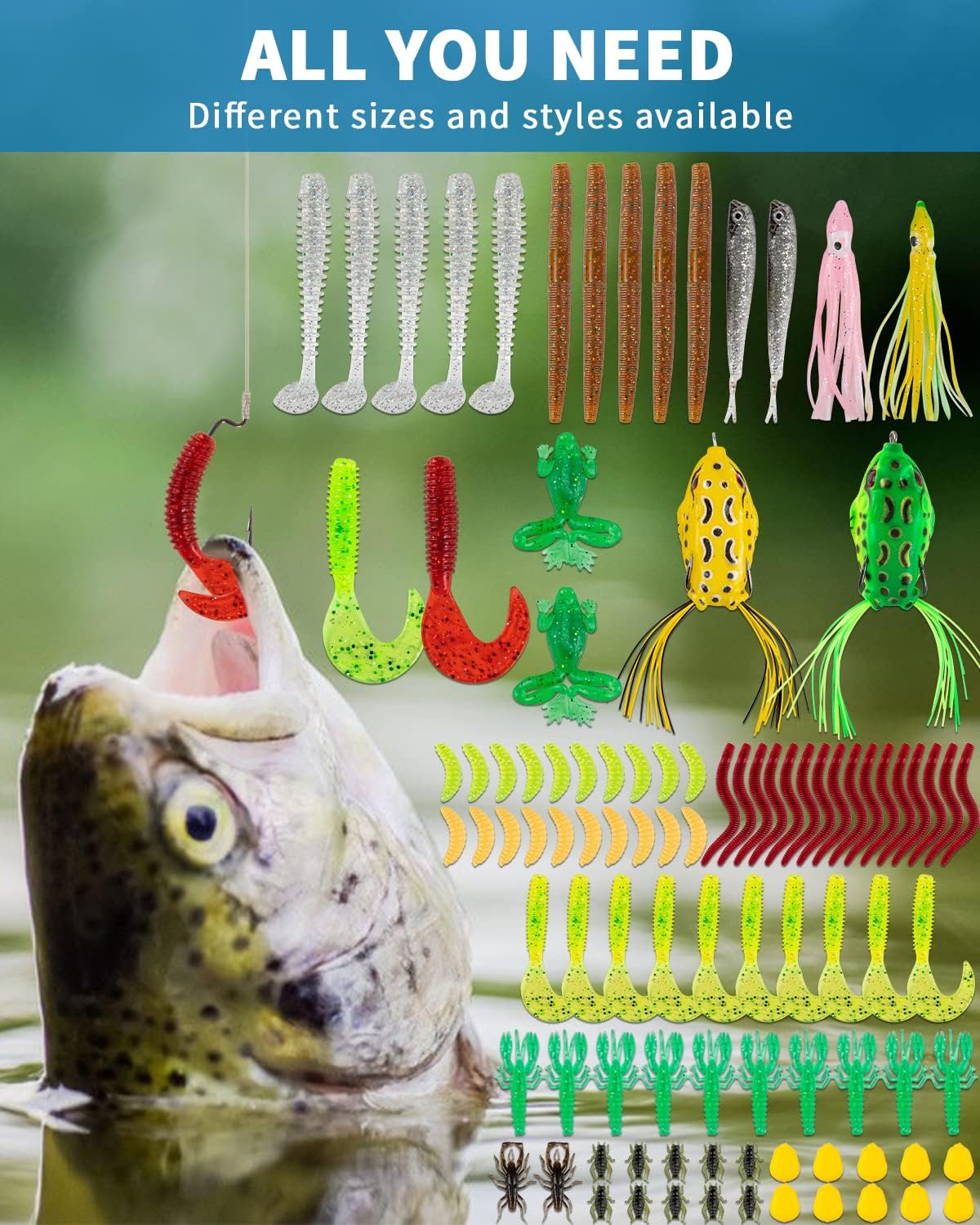 GOANDO Fishing Lures Kit for Freshwater Bait Tackle Kit for Bass Trout Salmon Fishing Accessories Tackle Box Including Spoon Lures Soft Plastic Worms Fishing Gifts