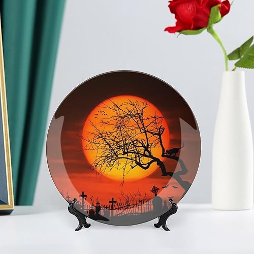 Miniatura 6 de Plato decorativo de noche de Halloween, luna llena, redondo de cerámica con soporte de exhibición, moderno plato de mesa de porcelana para colgar en