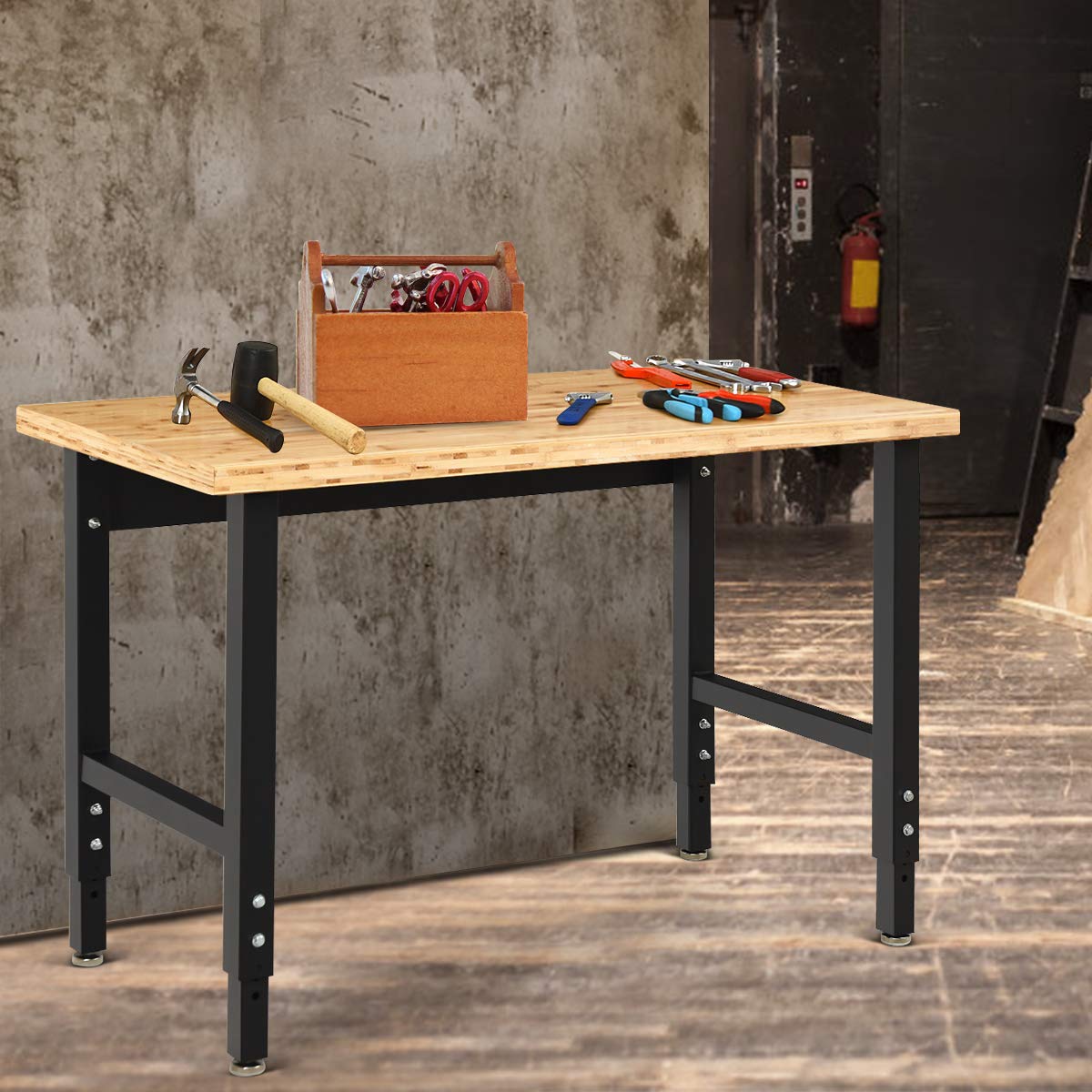 Goplus Adjustable Workbench, 48" 1500 Lbs Bamboo Top Work Bench for