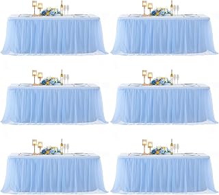 6 Pack 8ft Baby Blue Tulle Tablecloths for Rectangle Tables, 8 Foot Rectangular Table Cloth Wrinkle Free Table Cover with Tutu Skirt for Baby Shower Boy Birthday Party Banquet Buffet Cake