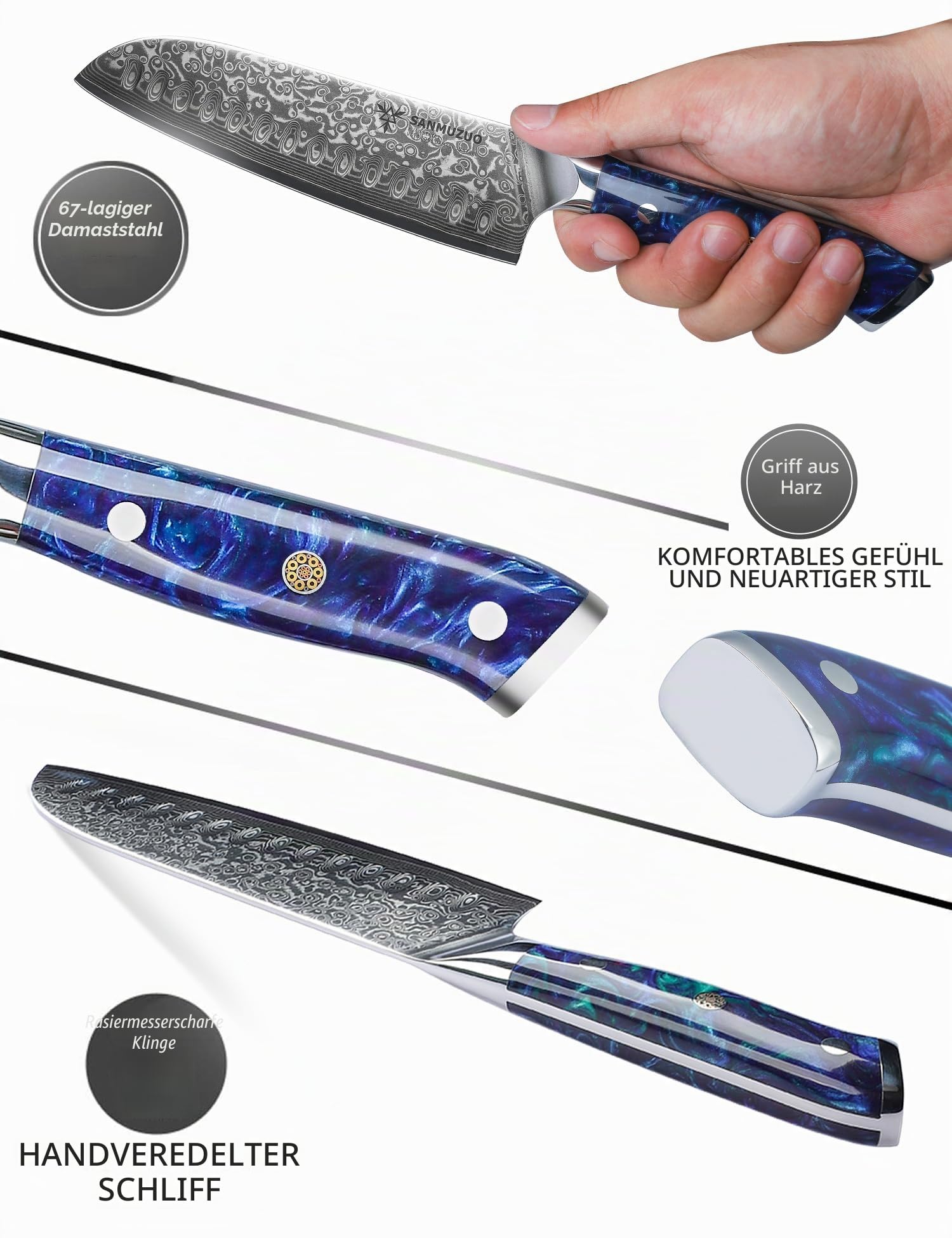 Damastmesser 18 cm Santokumesser - Japanisches Kochmesser - VG 10 Damaskus Stahl Küchenmesser mit Harzgriff - Xuan Serie(Saphirblau)