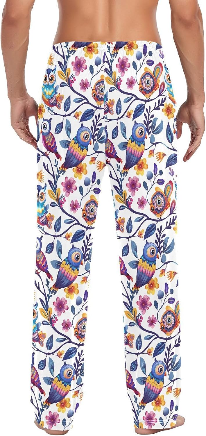 ALAZA Rainbow Owl Cartoon Men's Pajama Pants Men Cotton Pajama Bottoms with Pockets, S