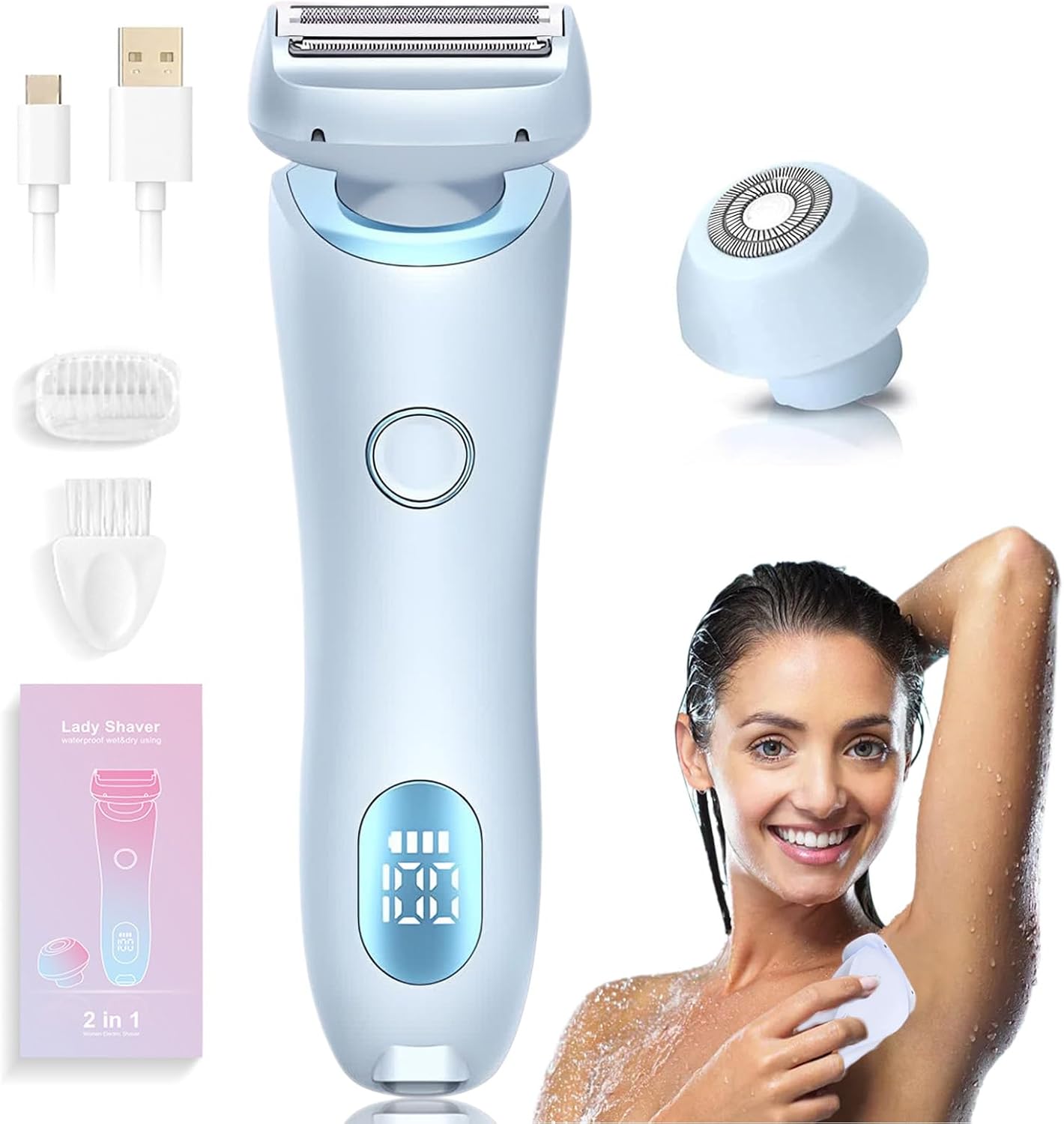 Vantique - Vantique Shaver, Vantique Electric Lady Shaver, 2 in 1 Electric Lady Shaver, Dual Head Shaver Women, Double Head Detachable Shaver Razors, Ipx7 Waterproof Wet & Dry (Blue)