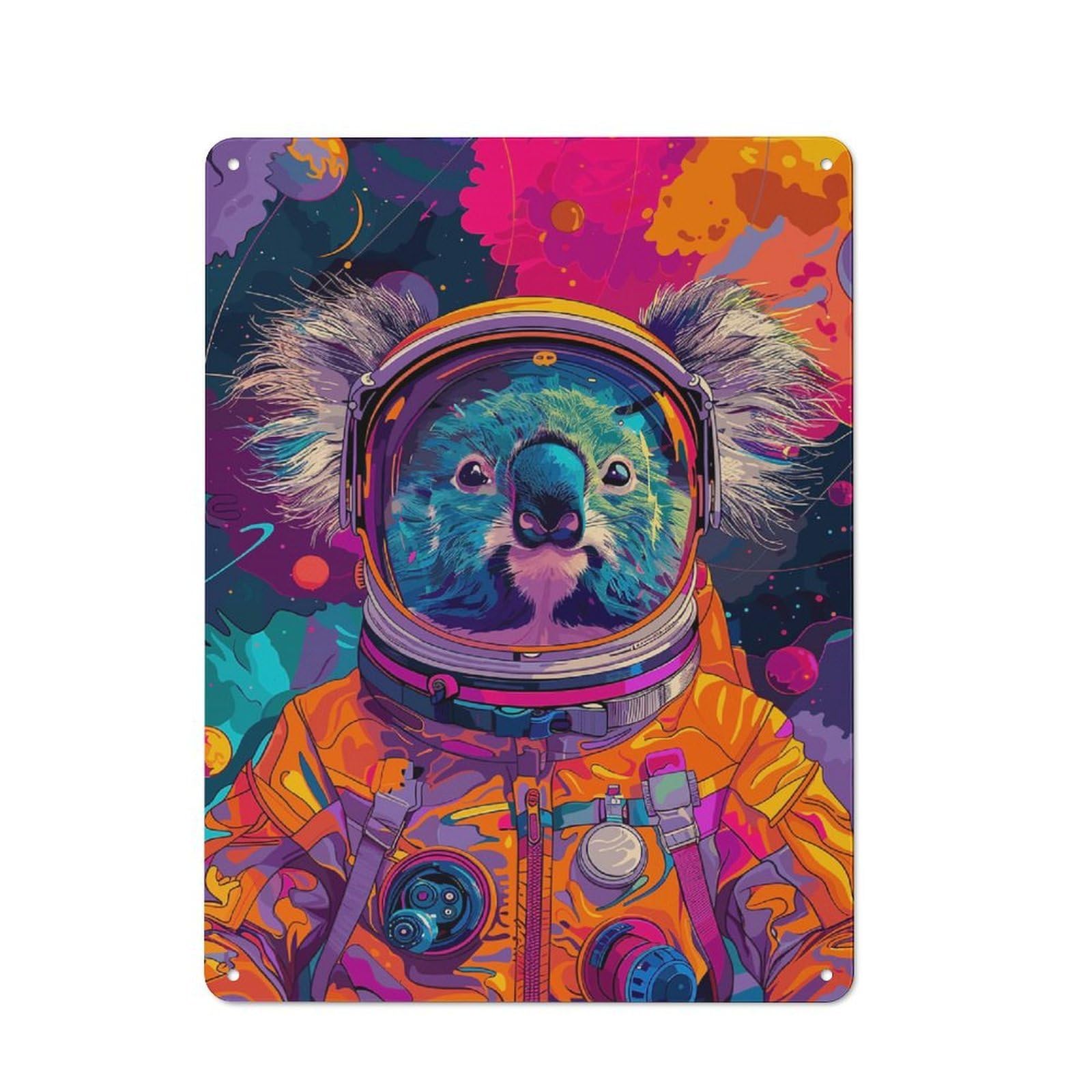 Junmoney Style-6 Tin Sign With Astronaut Space Koala Design 40X30cm, Understated Studio Wall Plaque For Hobby Room, Office, Lounge Or Living Room