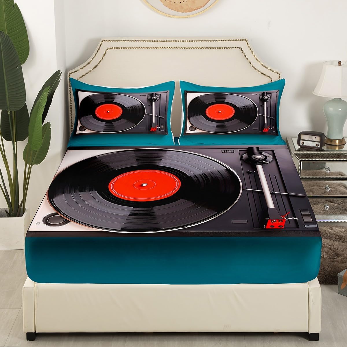 Musical Cd Disc Fitted Sheet Twin Size,Music Instrument Print Bedding Set 2pcs,Kids Girls Woman Room Decor,Jazz Music Bed Sheet Set,1 Pillowcase(No Flat Sheet)