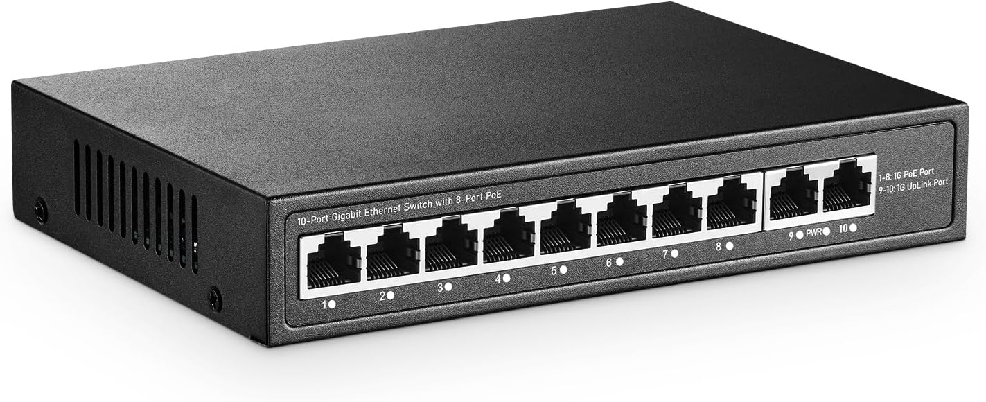 10 Port Mini Gigabit PoE Switch with 8 PoE+ Port, 2 Gigabit RJ45 Uplink, 10/100/1000Mbps, IEEE802.3af/at, Max 120W, YuLinca Metal Fanless Plug & Play Ethernet Switch