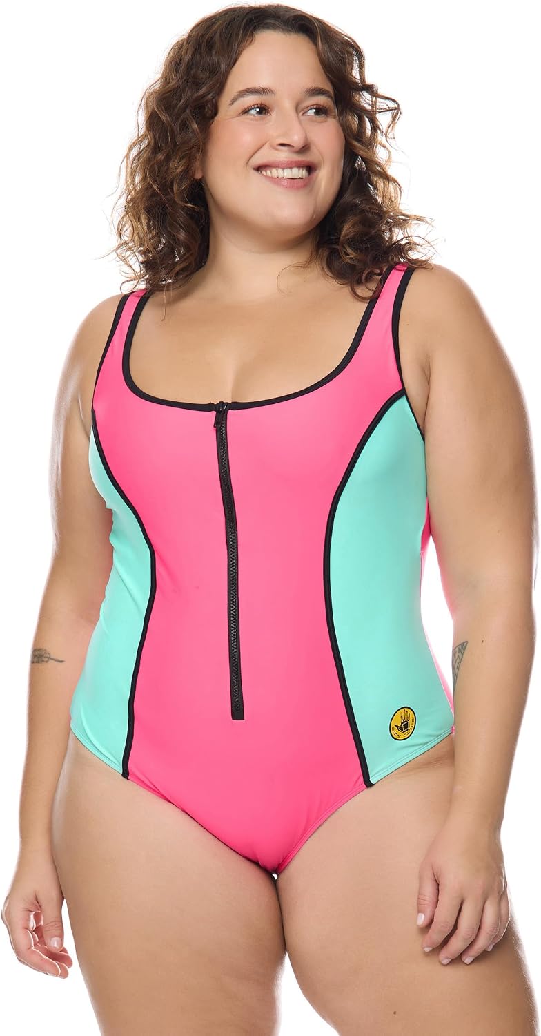 Body Glove Women's Time After Time Plus Size One-piece Swimsuit – Zip Front, Shelf Bra, Power Mesh, Sizes 1x-3x
