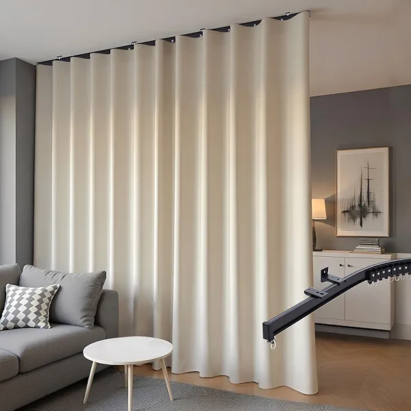 hoeflife Room Divider Blackout Curtains & Ceiling Curtain Track Set Wall Mount Extra Wide Track Curtains Flexible Sliding Curtain Rod Room Separation Privacy（W 180 x H 84 in Beige Drape & Black Rail）
